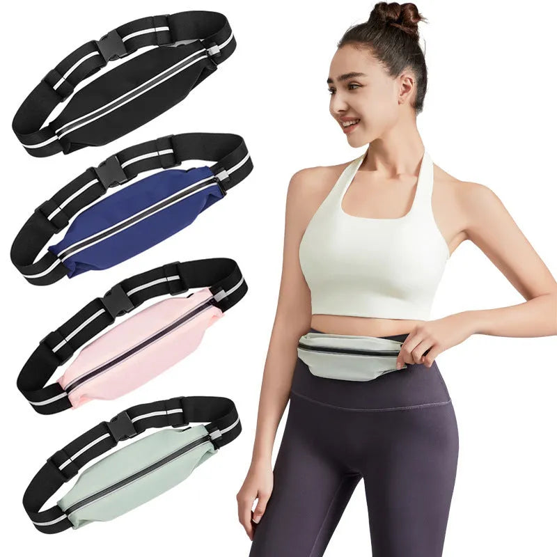 Lightweight waterproof running pouch with reflective strip in black, stretch fit design for waist