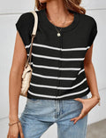 Women's striped sleeveless pullover vest in apricot colour showing seam bone stitching detail.