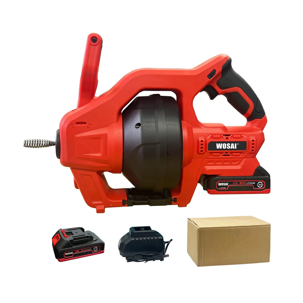 Cordless 25-foot 20V electric drain organum spirale with 7mm flexible shaft and US power specifications