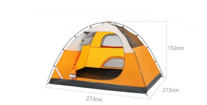 Orange portable camping tent for 2 persons set up outdoors with fibreglass poles and 190T B3 grid fabric