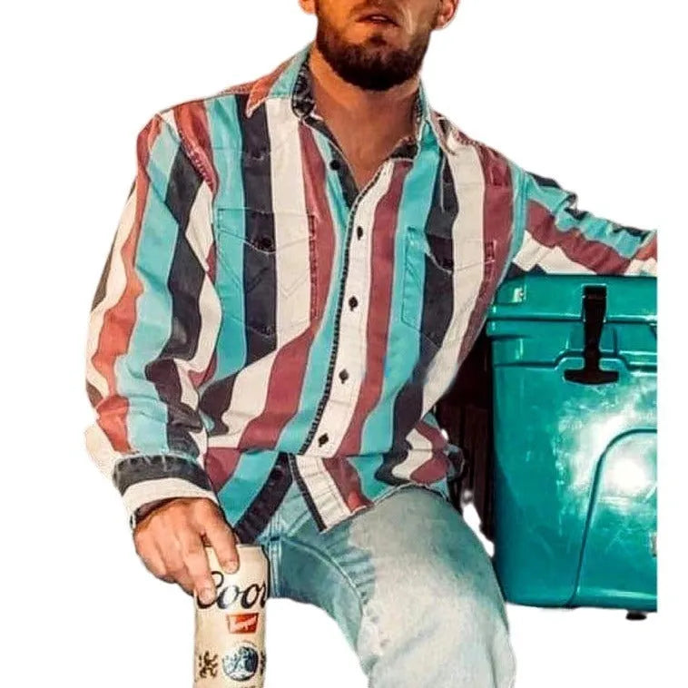 Men's retro printed loose long sleeves striped casual shirt cardigan in polyester fibre