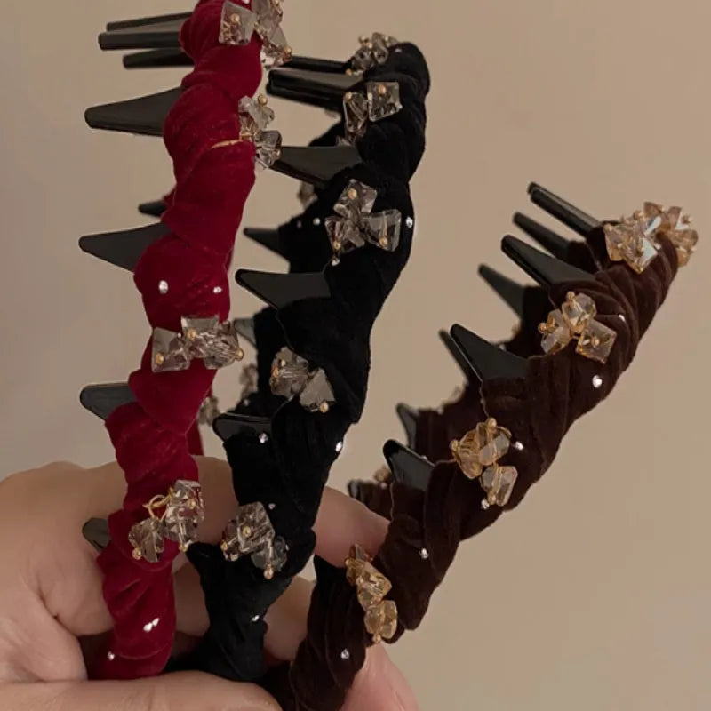 French velvet crystal hairband with non-slip design for face washing and hair styling