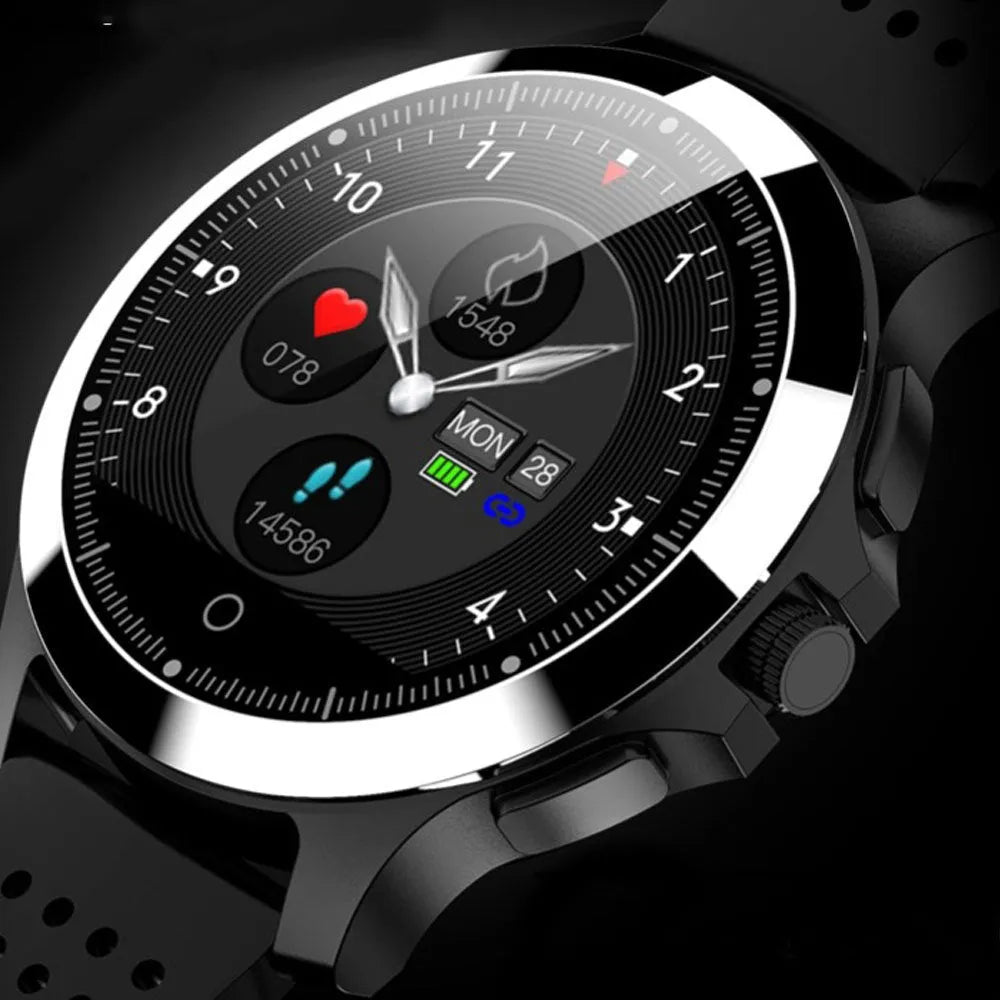 W8 ECG smart health monitoring bracelet with stainless steel body and black TPU strap on a wrist.