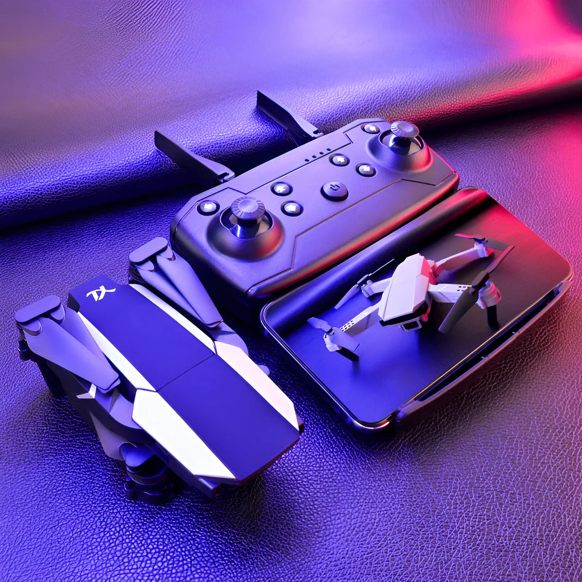 S62 foldable quadcopter drone in black with dual camera and remote control on grass