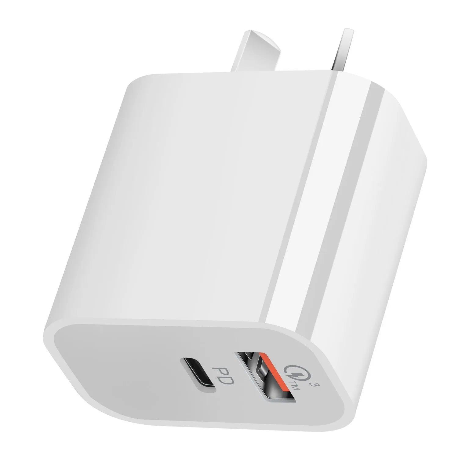 White dual port USB charger with Australian plug, showing USB-A and USB-C ports.