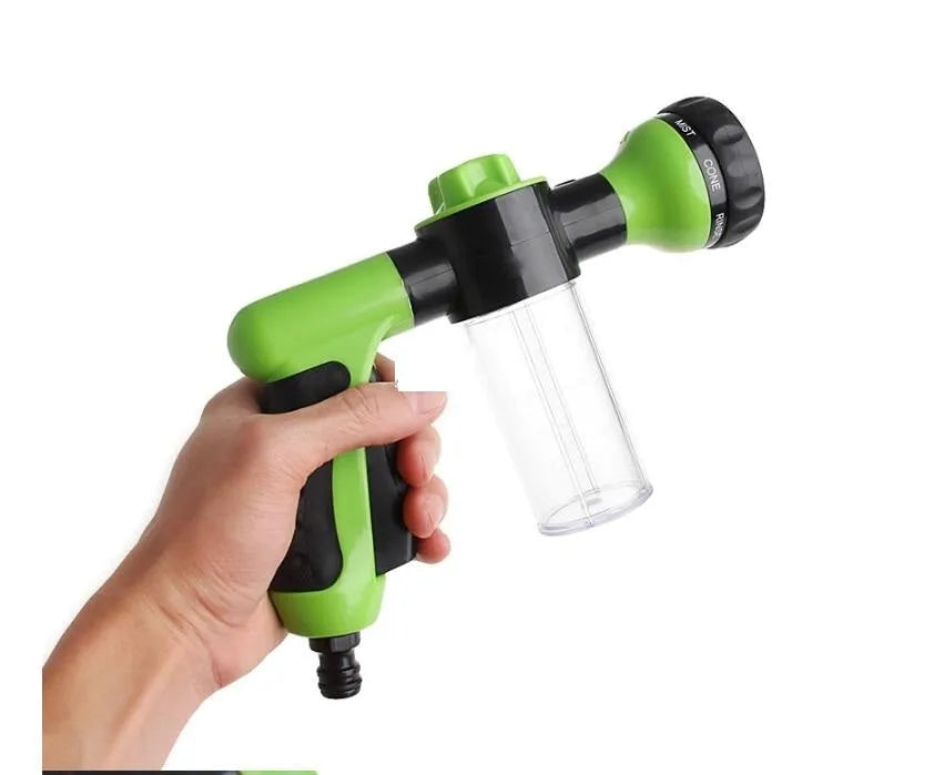 High pressure foam spray gun with eight spray patterns in green, yellow or black with water pipe