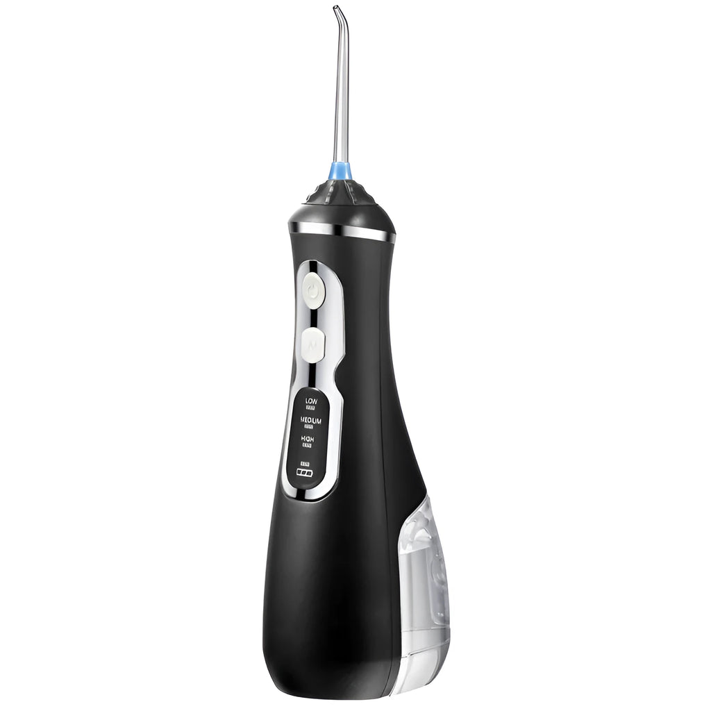 Personal portable tooth cleaner with 180ml water tank and USB charging cable, shown in black colour