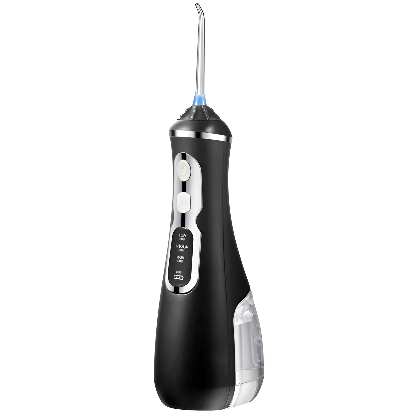 Personal portable tooth cleaner with 180ml water tank and USB charging cable, shown in black colour