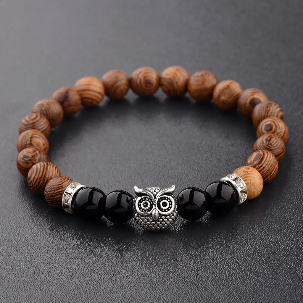 Owl frosted stone lifeline wood grain bracelet in black with wood beads and alloy clasp