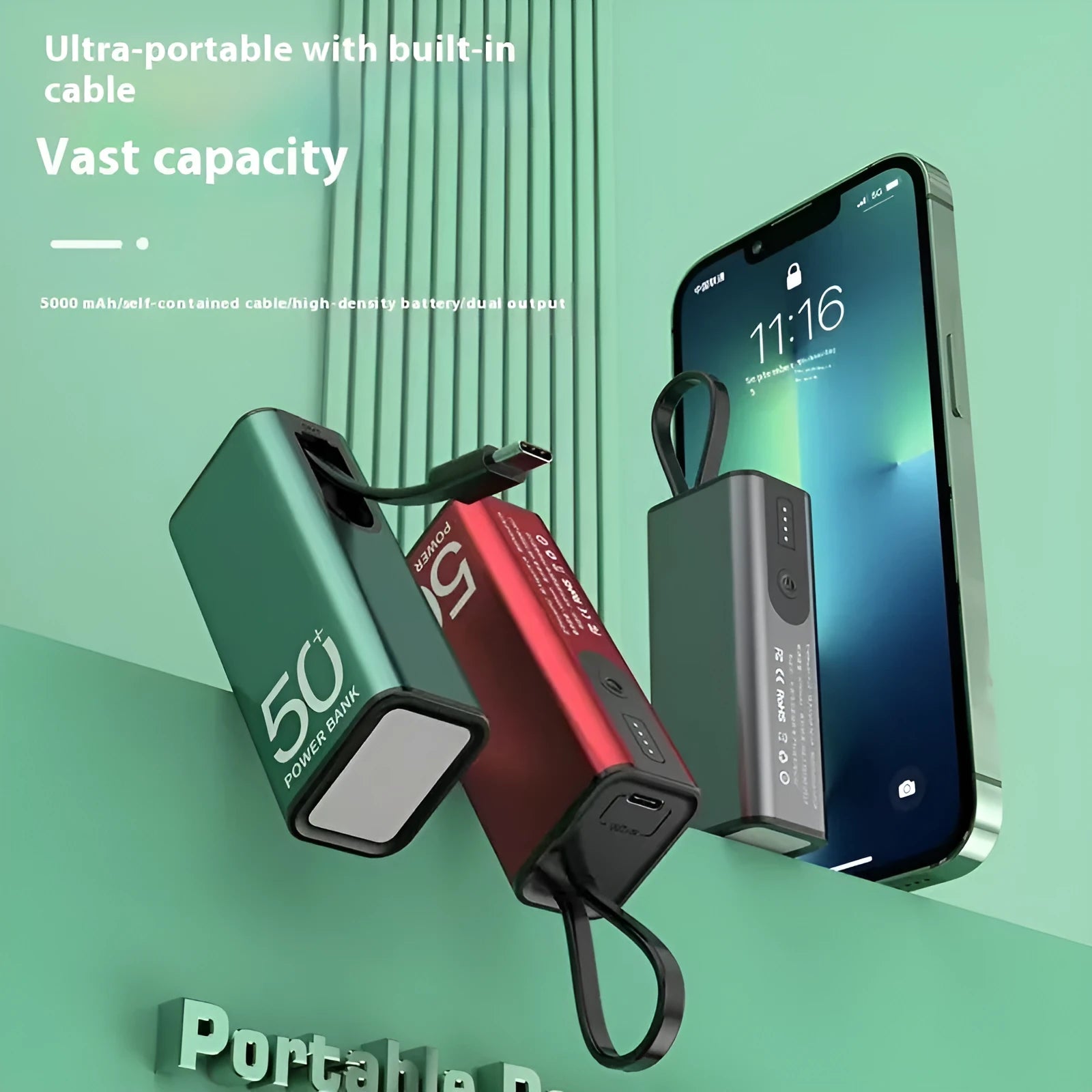 Mini power bank 5000 mAh with alloy shell and LED flashlight in dark green