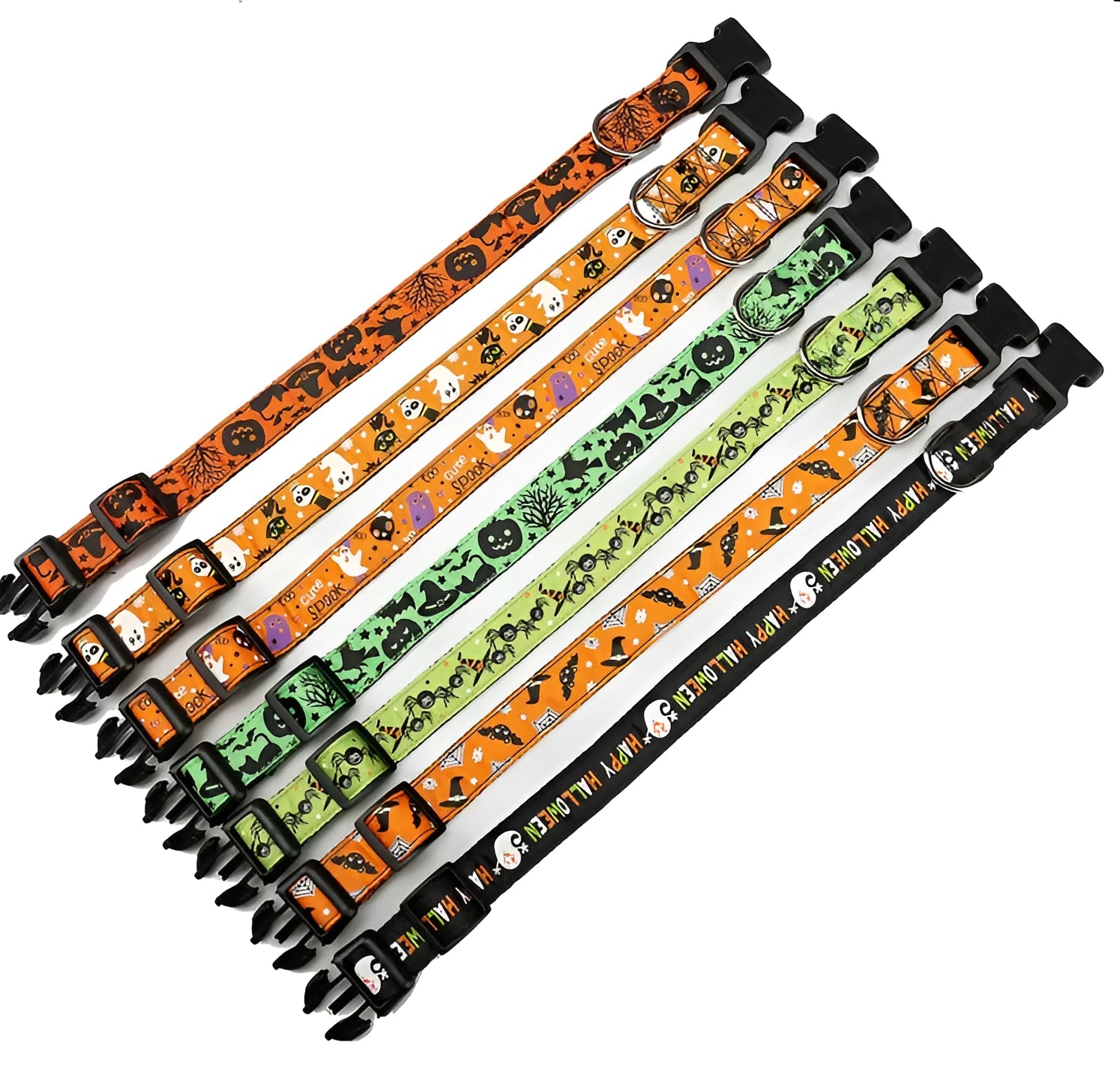 Halloween pet collar made of nylon, 2.5 cm wide, available in multiple colours and sizes for cats and dogs.