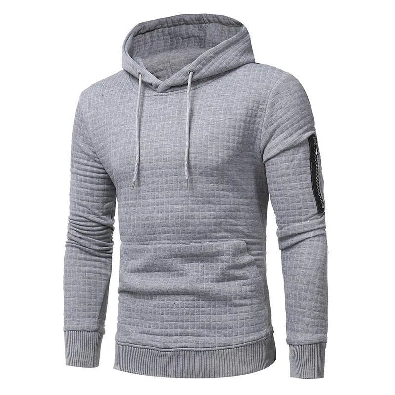 Men's sweatshirt hoodie with arm zipper long sleeve slim top in solid colour, O-neck, cotton poly blend, side view