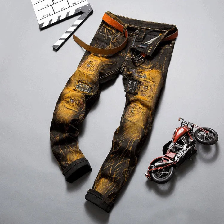 Rugged biker cargo pencil jeans in army green for men, multiple pockets and zip details