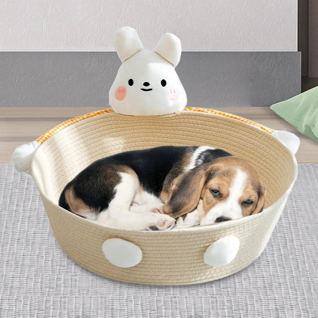 Woven cotton rope cat bed basket with scratching pad in Bear or Rabbit design