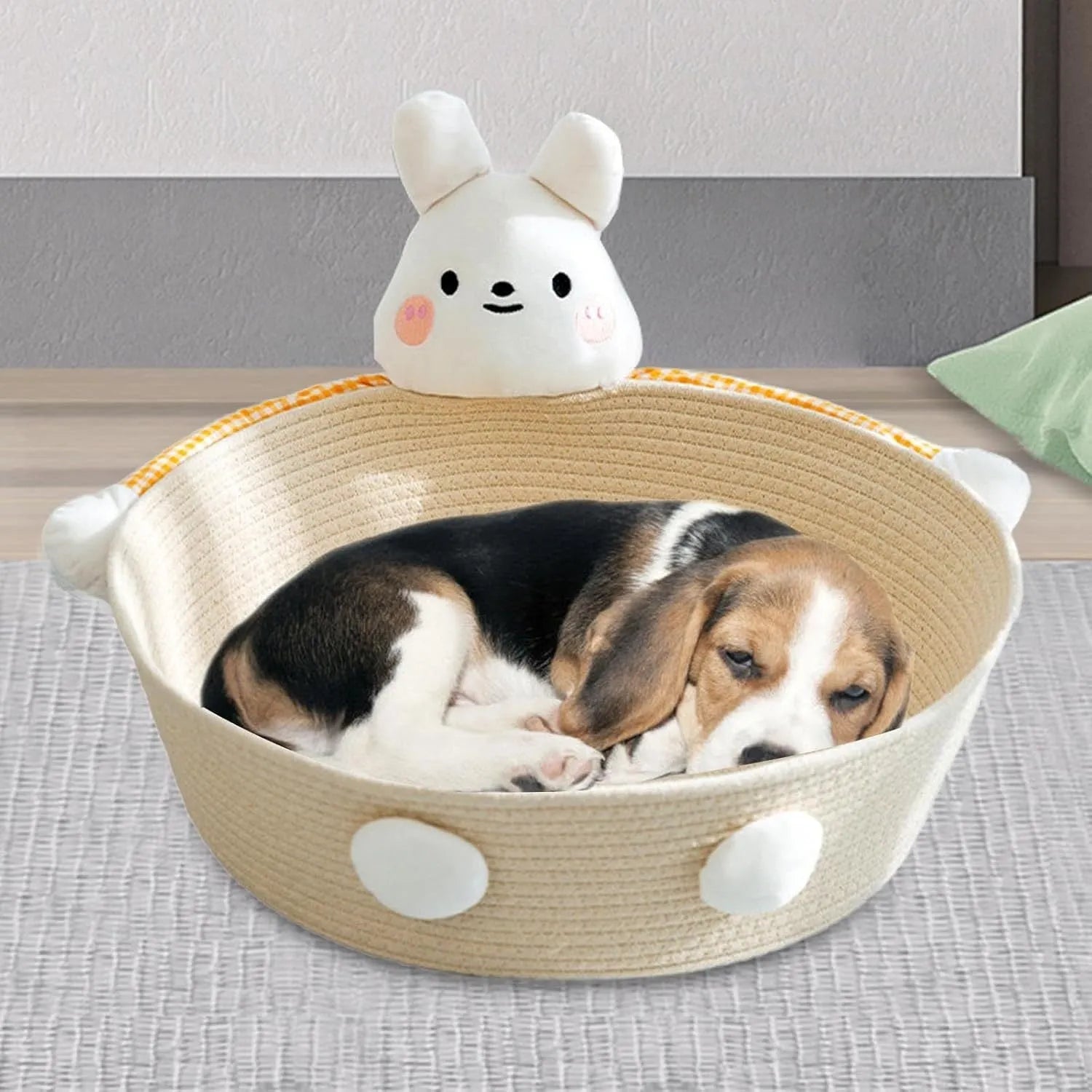Woven cotton rope cat bed basket with scratching pad in Bear or Rabbit design