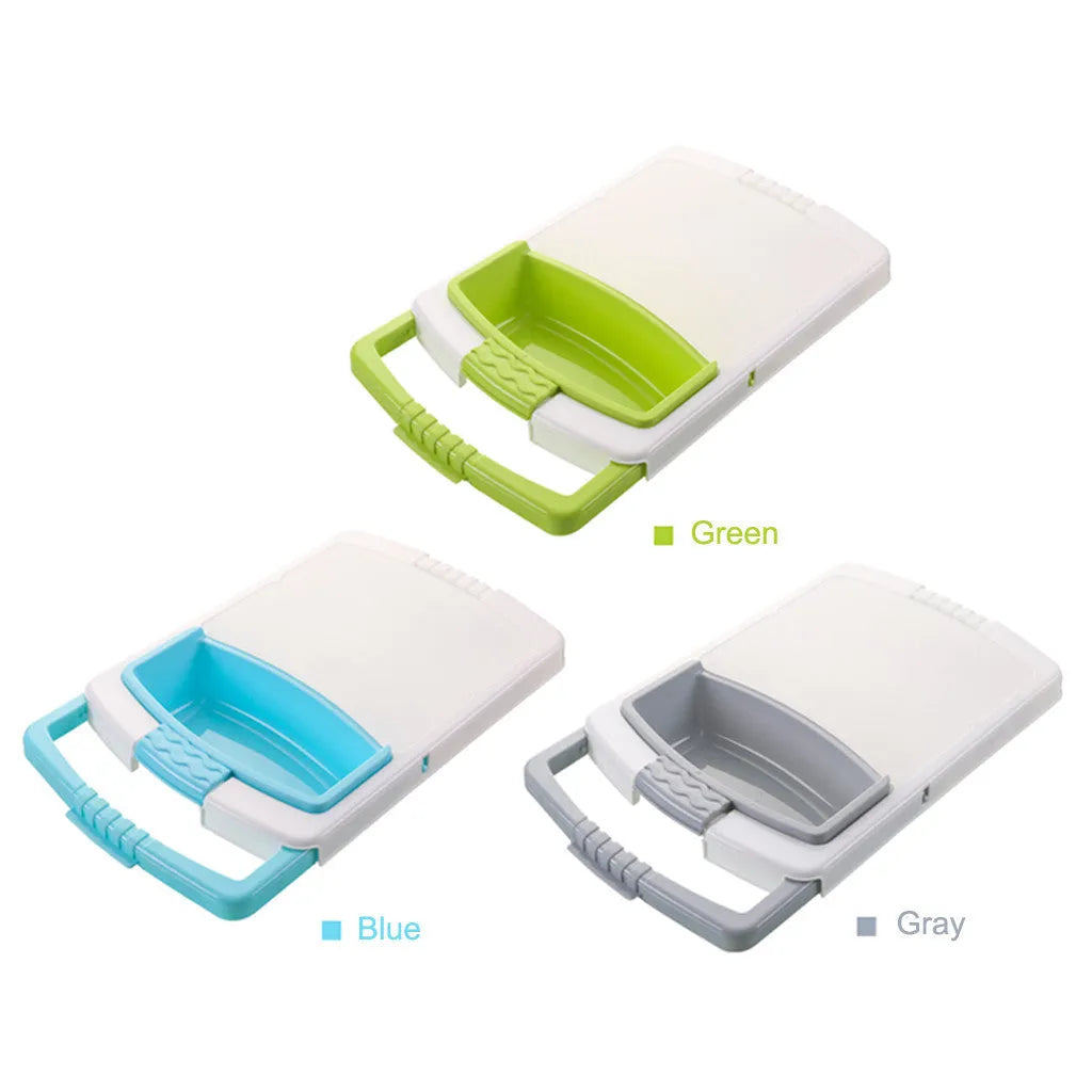 Green multi-function cutting board with drain holes mounted on a kitchen sink edge