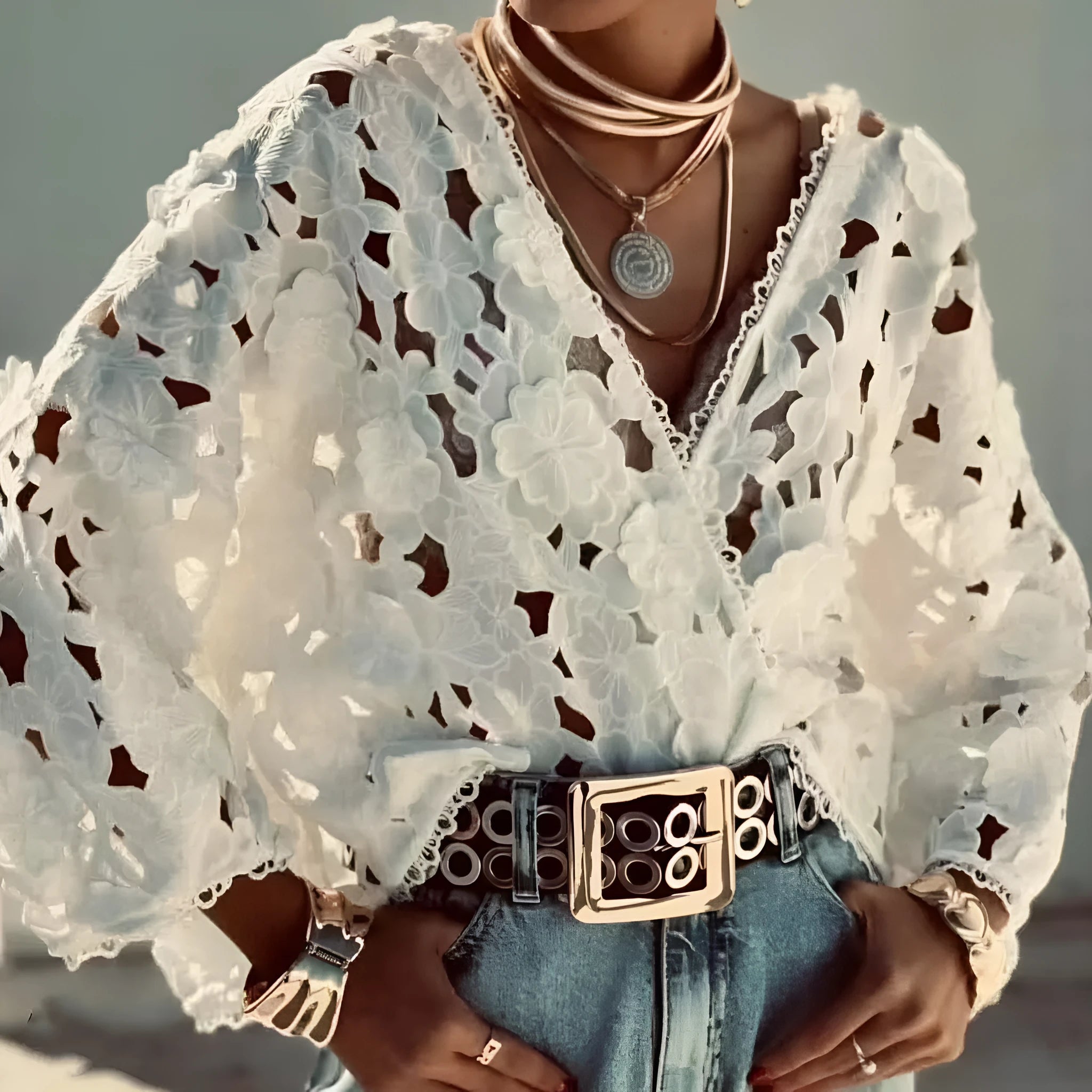 Women's loose fit black lace V-neck cardigan shirt featuring a three-dimensional white lace flower decoration on the chest.