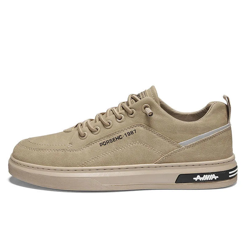 Men's waterproof casual shoes in khaki with a round toe, low-top design, and a non-slip rubber sole.