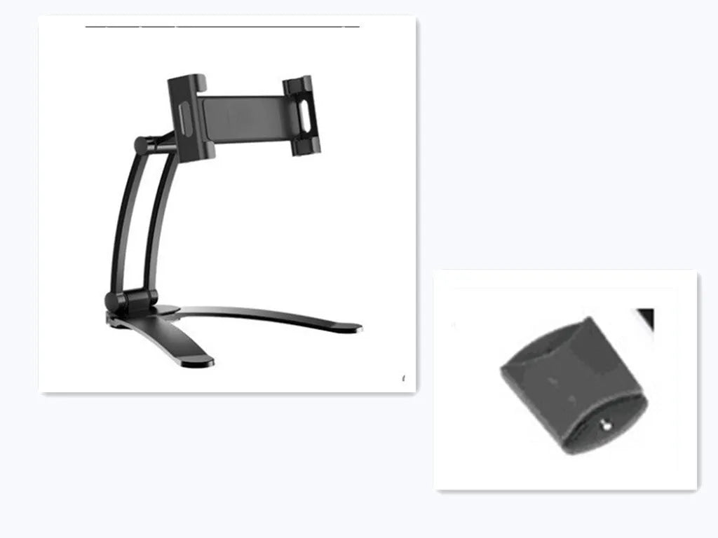 Silver aluminium desktop stand holding a tablet at an angle on a wooden desk.