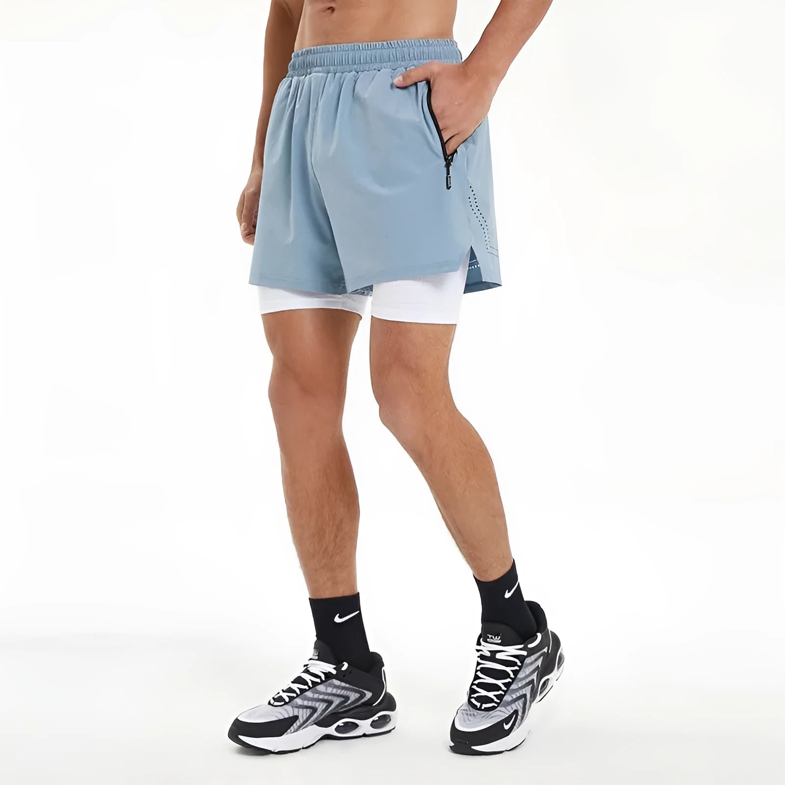 Men's black double-layer sports shorts with built-in liner for running and fitness activities