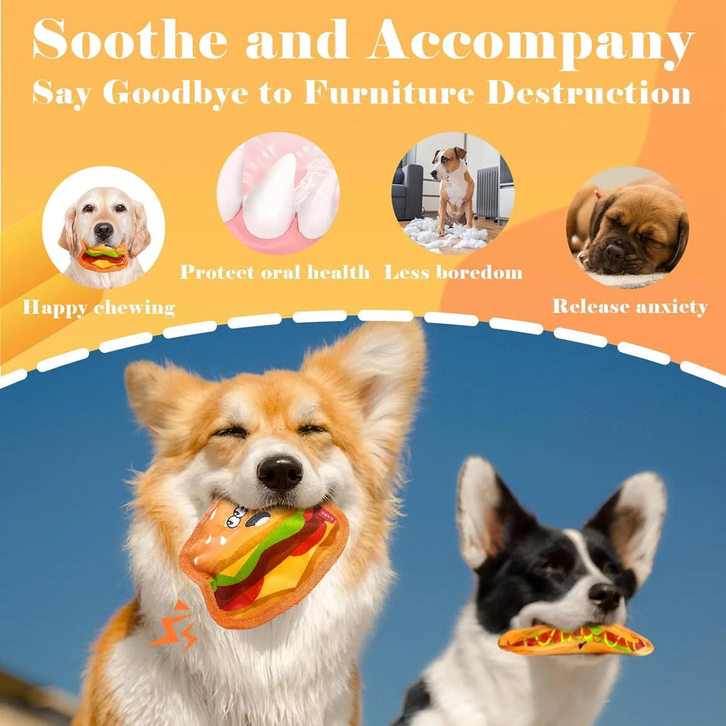 Food-shaped dog toys including hamburger, fries, hot dog and pizza designs with crinkle and squeak features