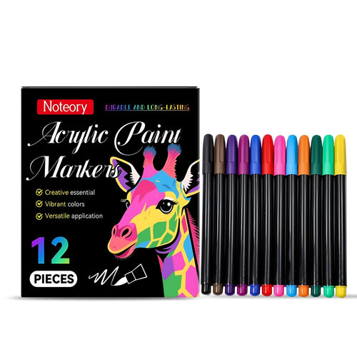 Set of 12 acrylic paint markers for use on wood, fabric, and ceramic surfaces.