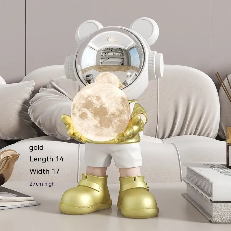 Resin desktop space bear moon night light decoration in gold with silver astronaut mask