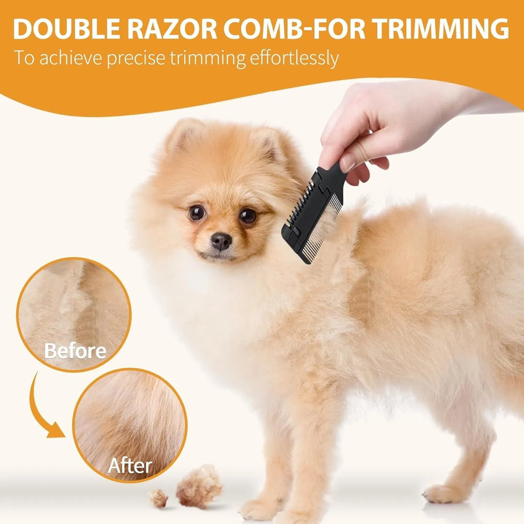 Pet razor comb and brush tool for dogs and cats with spare blades on a white background.