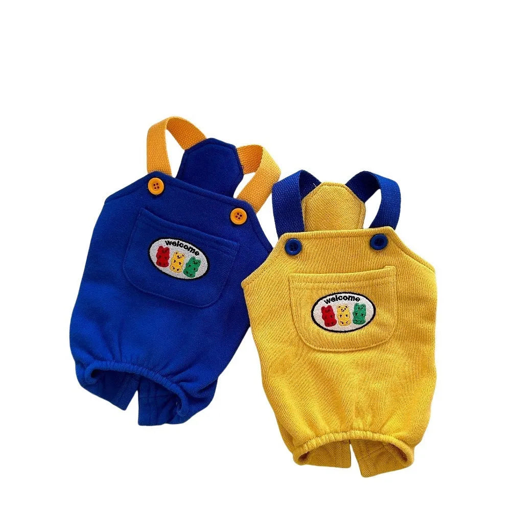 Blue and yellow polyester dog and cat overalls for spring and autumn, sizes XS to XL