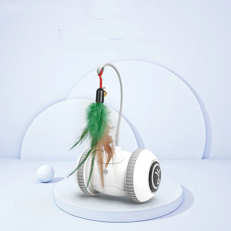 Interactive cat toy with interchangeable heads automatic robotic toy with feather accessory in white and grey ABS plastic