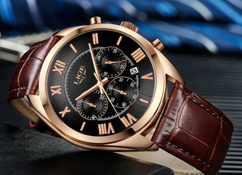 Men's quartz sports watch with date, 30M waterproof, alloy case, leather strap in black blue brown or white