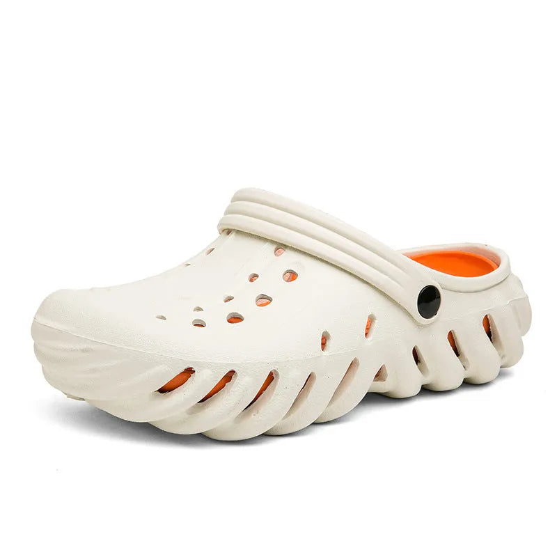 Men's beige EVA slipper sandals with hollow-out design and non-slip sole.