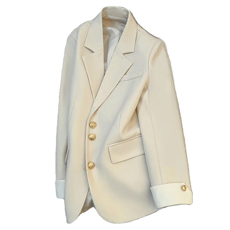 Korean style loose fit women's coat in milky white, showing medium length and pocket details.