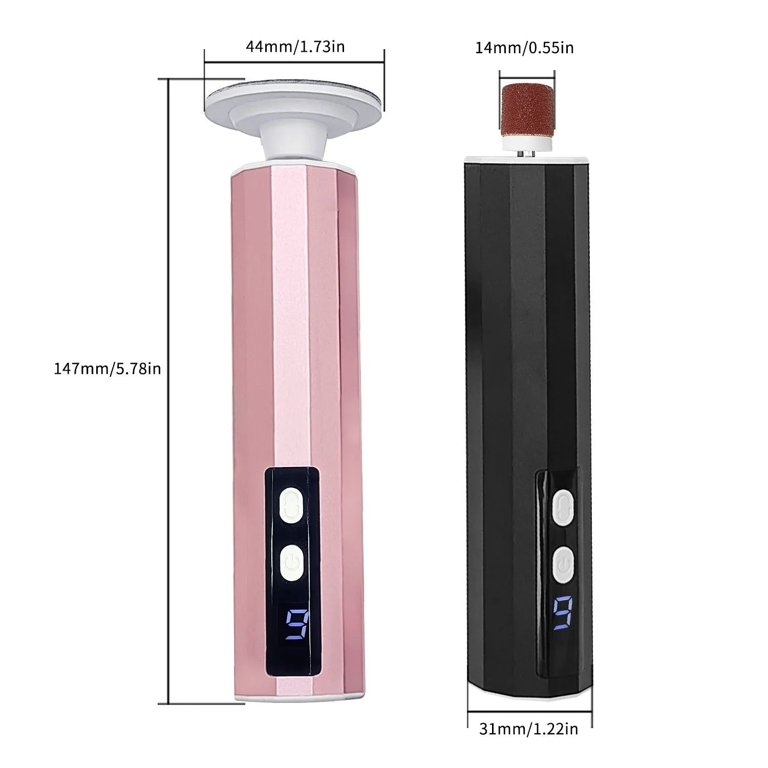 Electric callus remover kit with USB cable, grinding wheels, and gift box in pink, black, or purple.