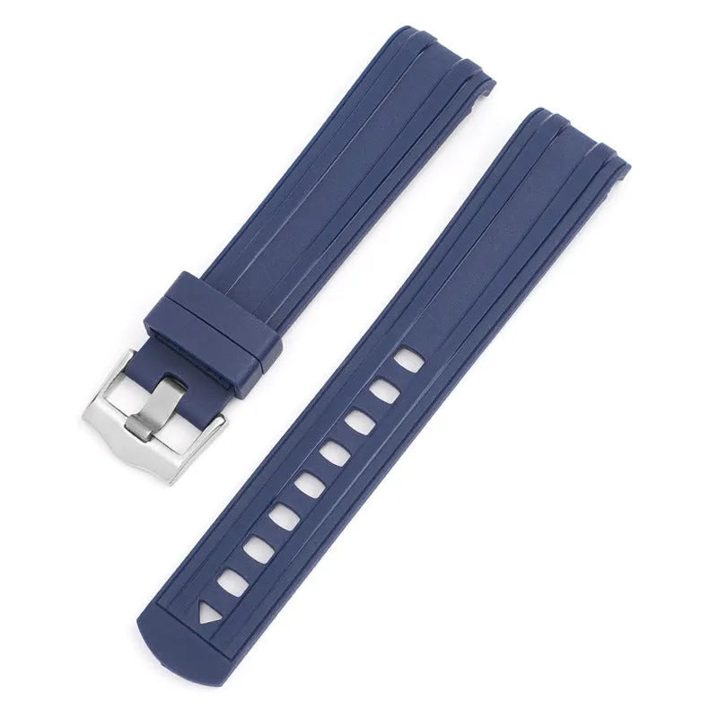 Apple Watch strap with silver buckle in 12 colour options including army green, sapphire blue, and dark red.