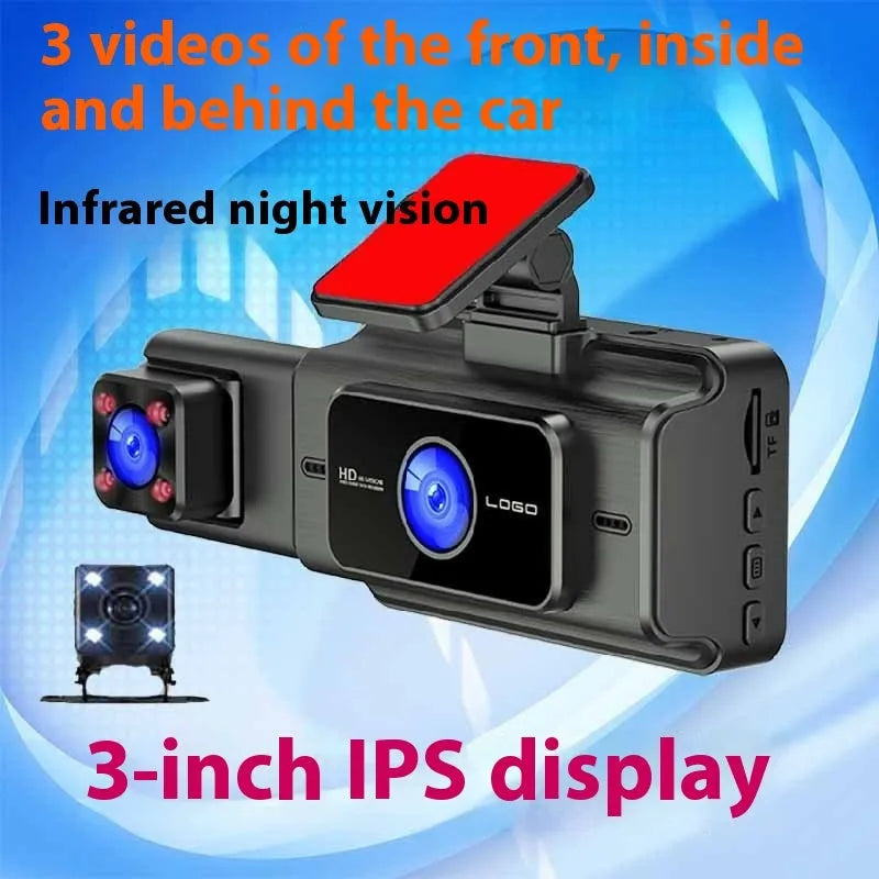 Black 3-lens car dash camera with 3-inch screen for front windshield mounting