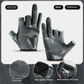 Black exposed three-finger polyester fishing lure gloves on a boat with fishing rod