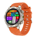 Black sports smartwatch with AMOLED screen on a silicone strap, showing fitness stats.