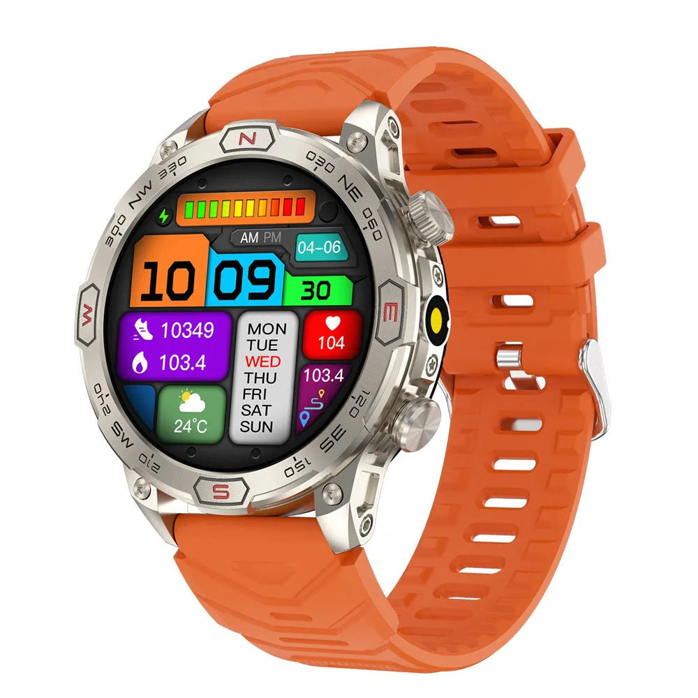 Black sports smartwatch with AMOLED screen on a silicone strap, showing fitness stats.
