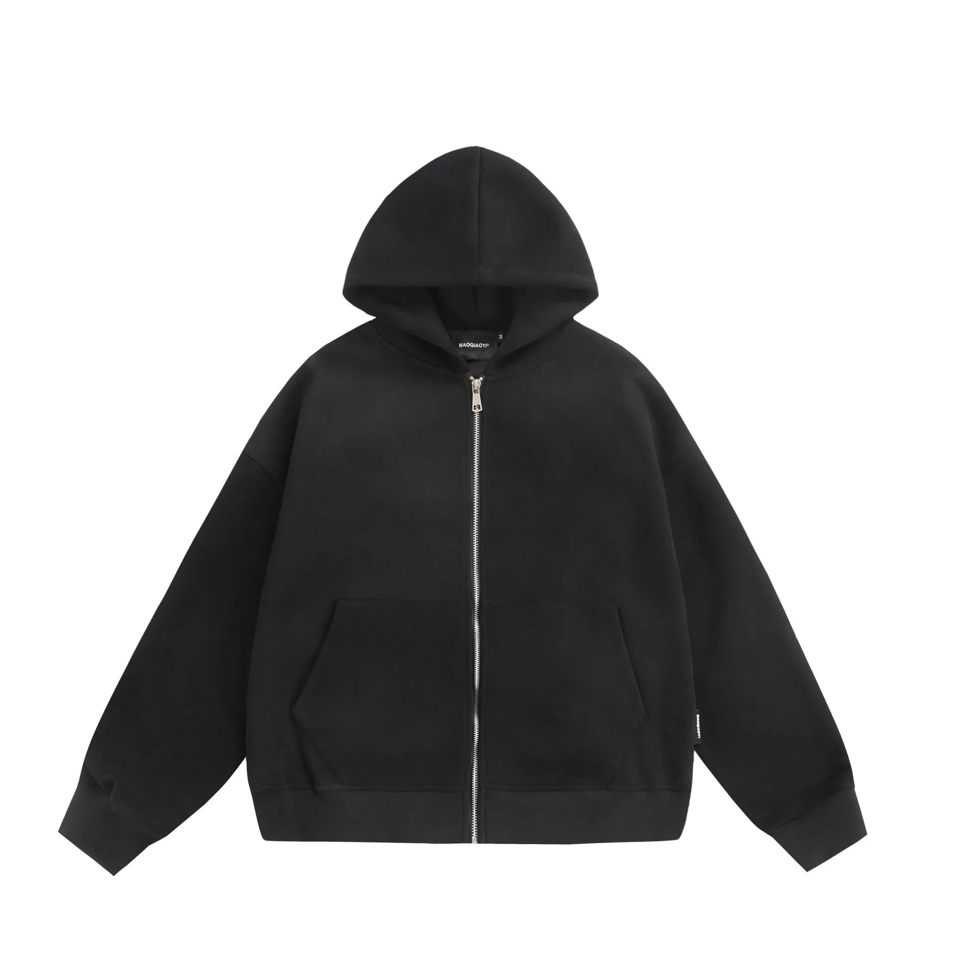 Loose fit cotton blend cardigan coat in black or melange grey with solid colour back and small bag design