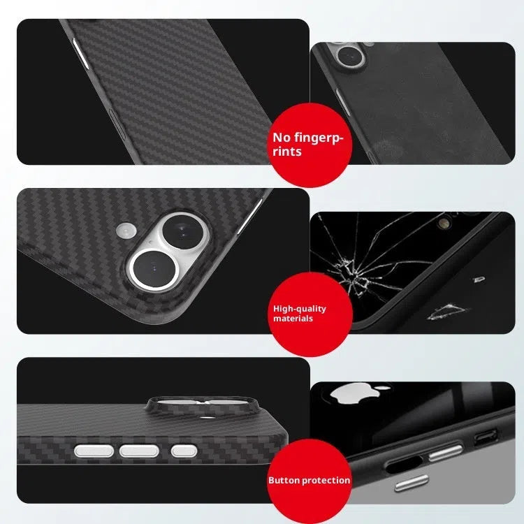 Kevlar carbon fibre texture PP phone case in Pure Black or Titanium Gray, minimalist back cover for iPhone