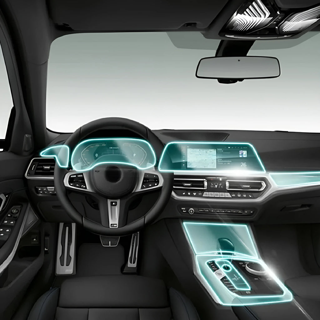 Transparent TPU interior protection film kit for BMW 3 Series dashboard and centre console.