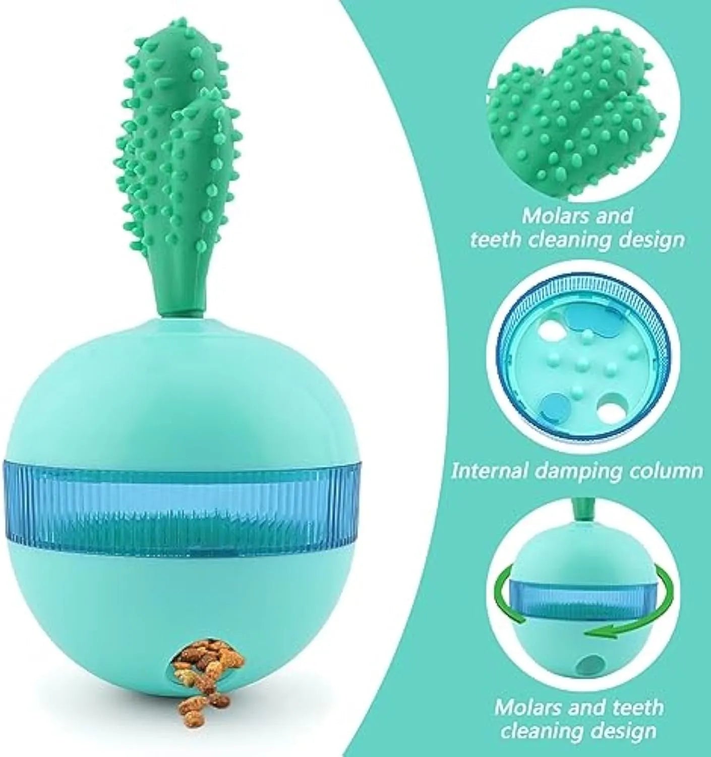 Blue and green durable rubber interactive dog treat dispensing puzzle ball for medium large dogs