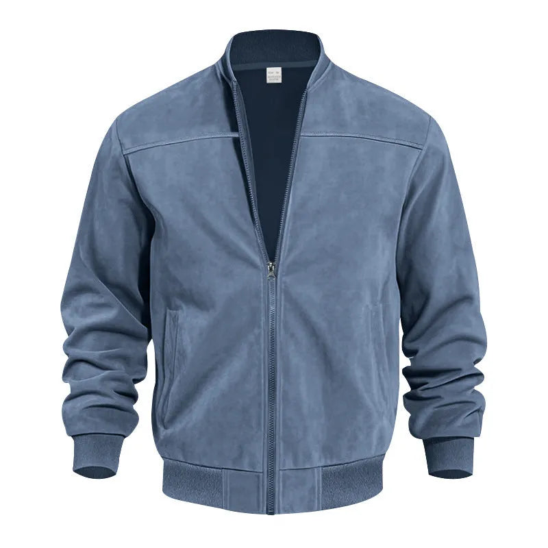 Men's casual plus-size suede zip jacket in Army Green shown on a model.