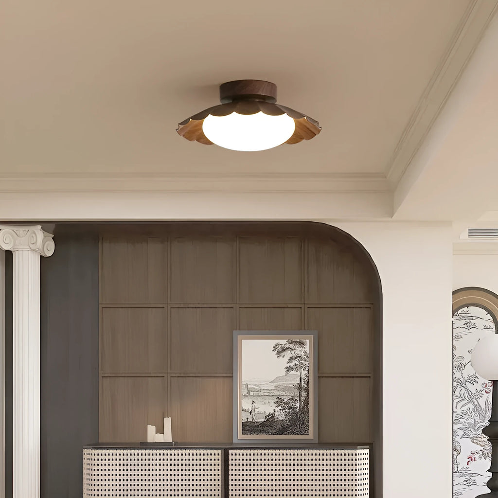 Round 25 cm mid-ancient silent balcony LED ceiling light in beige iron and acrylic shade on white ceiling