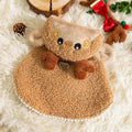 Brown cartoon elk design polyester cloak on a cat, showing the garment's fit and style.