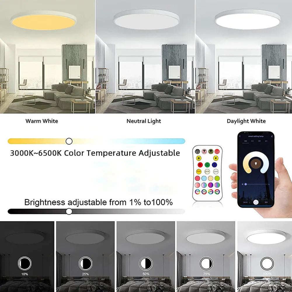 Black RGBCW Bluetooth smart ceiling lamp with round shape and remote control on a white background.