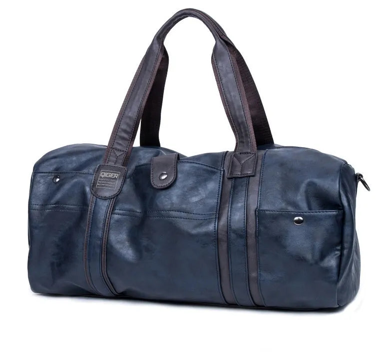Portable cylinder leisure travel bag in PU leather, 21x49x22cm, 36-55L, with phone, camera and zip pockets