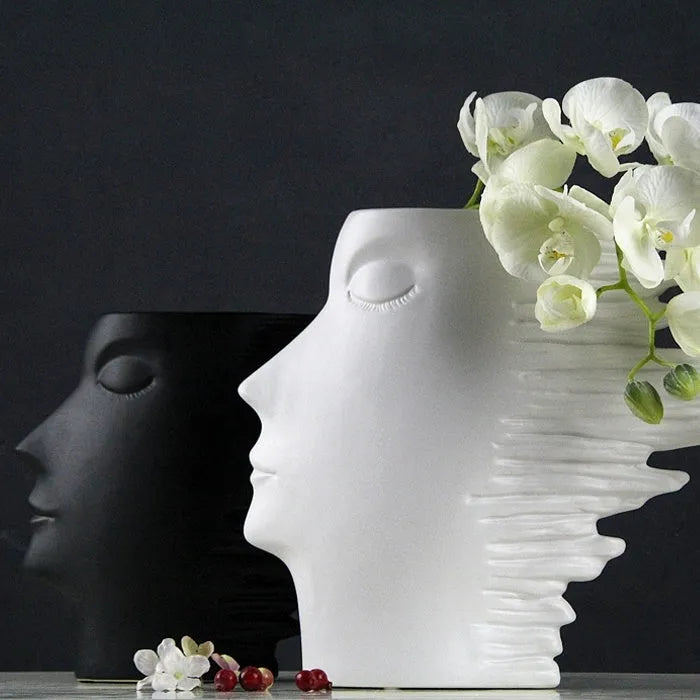Nordic porcelain head ornament vase with matte finish in white, wall mounted as home decor