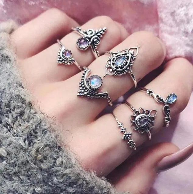 Vintage knuckle rings set with gold, silver, black and turquoise elephant, lotus, moon and flower designs